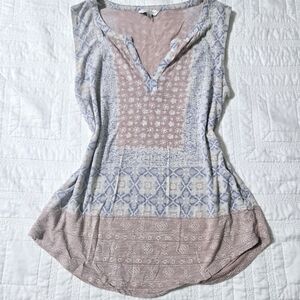 Lucky Brand Gray Tan Asymmetrical Sleeveless Polo Top